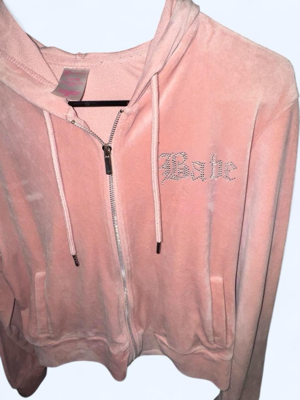 No Boundaries Pink Velour Zip-Up Hoodie with 'Babe' Rhinestones